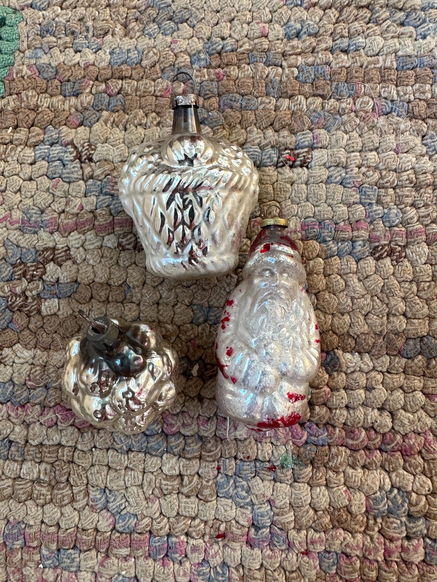 Vintage Mercury Glass Christmas Ornaments (5): Santa, Fruit, Bell, Walnut, VG condition
