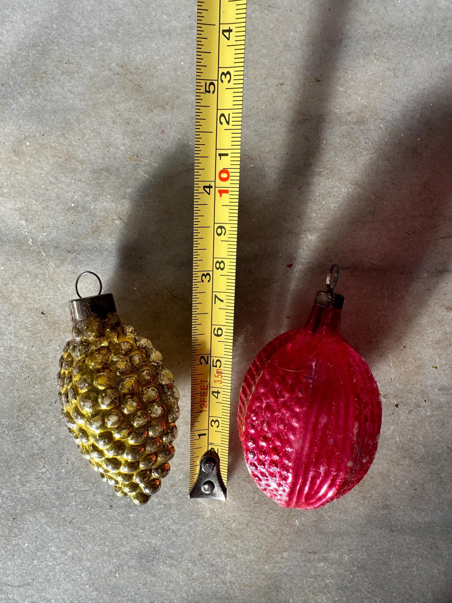Vintage Mercury Glass Christmas Ornaments (5): Santa, Fruit, Bell, Walnut, VG condition