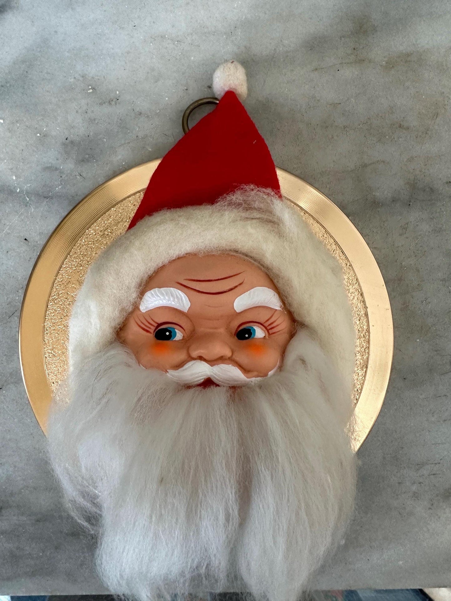 Vintage Kitschy Santa Wreath: Rubber Face, Spun Cotton Beard (For Display Only)