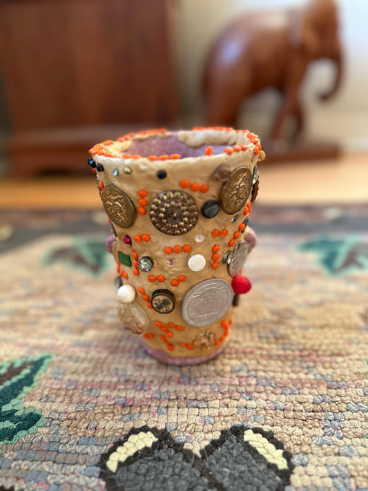 Vintage Folk Art Memory Vase: Eclectic Collage Decor