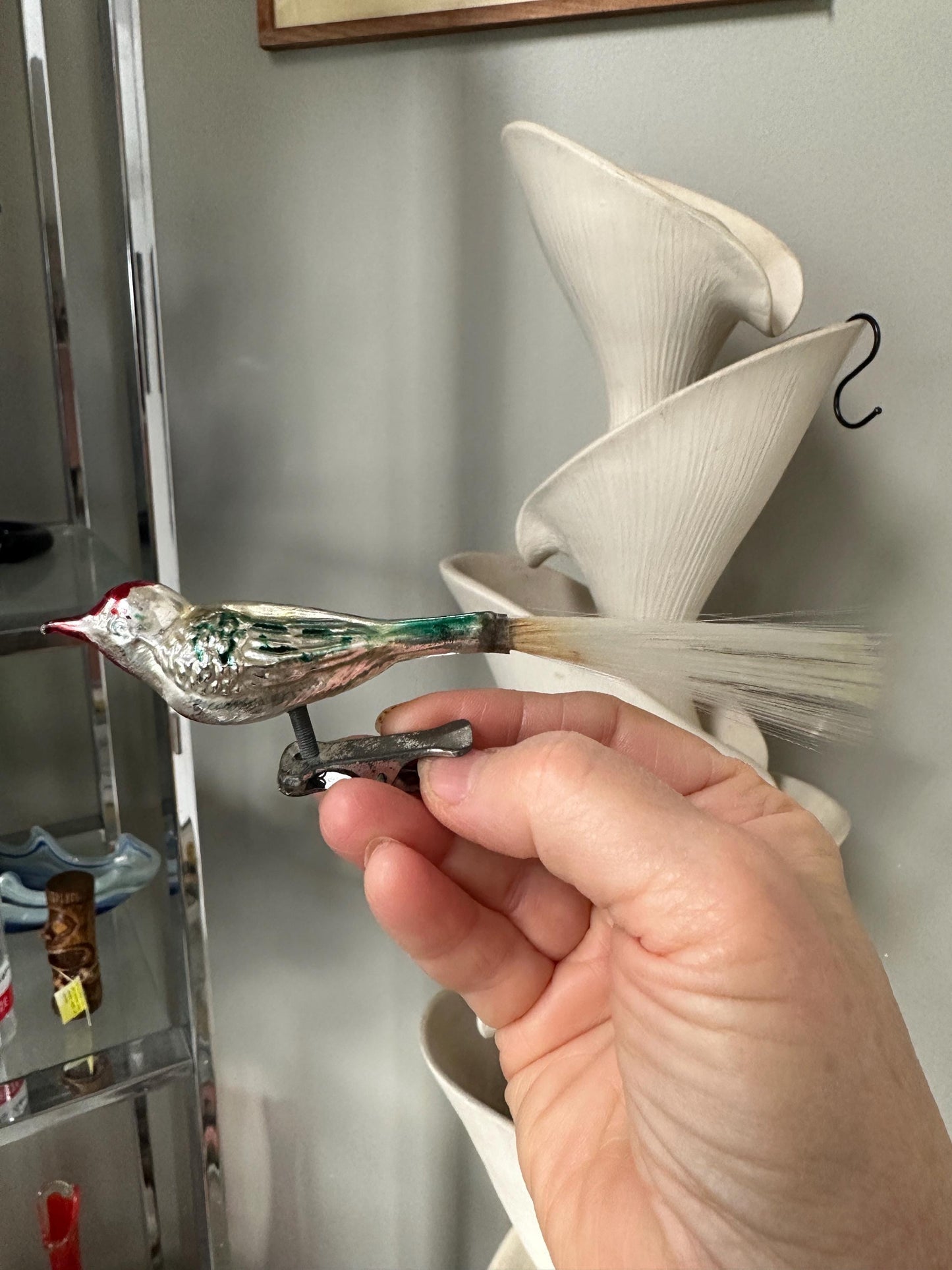 Vintage Mercury Glass Bird Ornament: Silver, Magenta, and Blue, made in 1950s