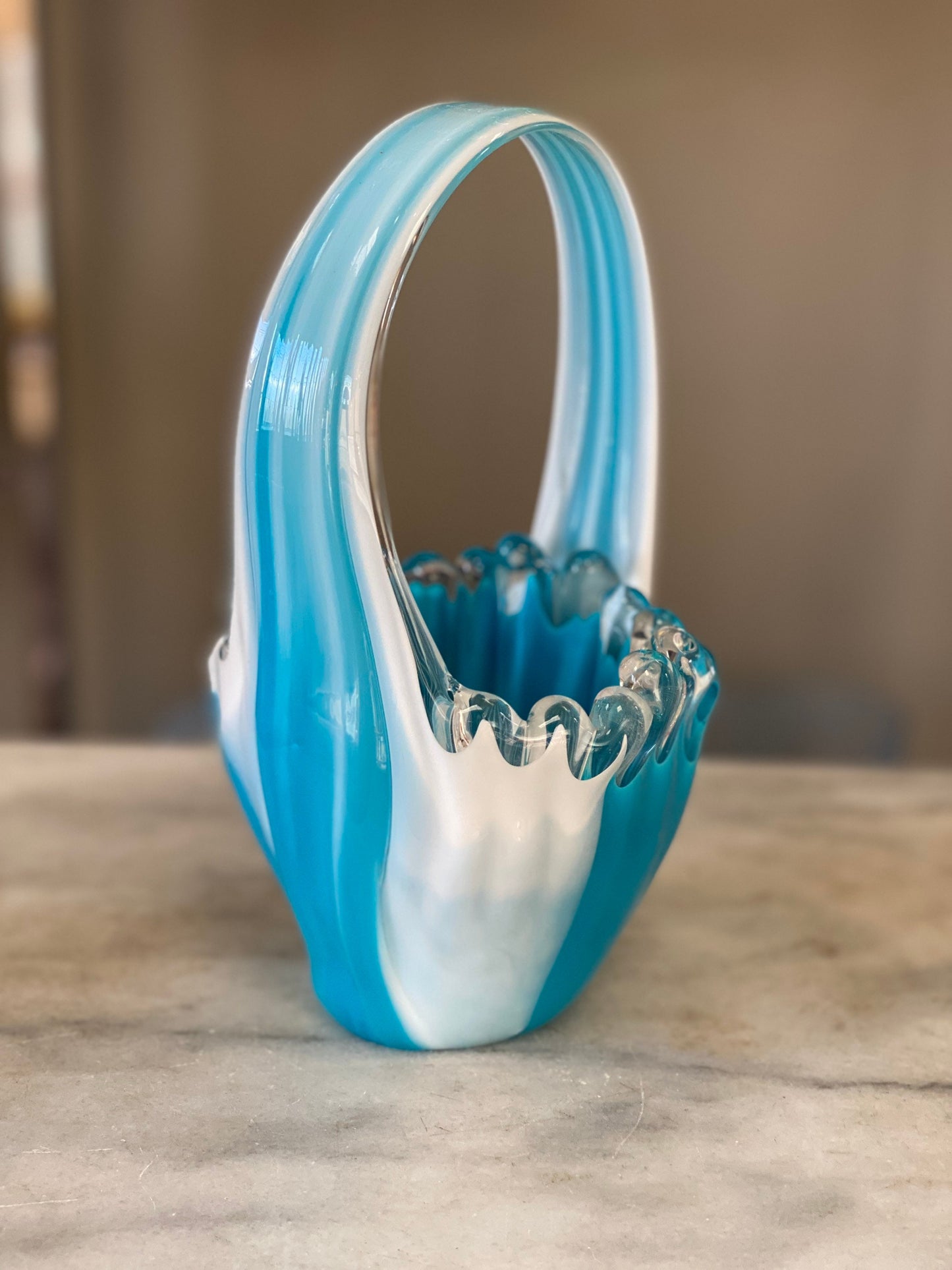 Vintage Art Glass Basket: Blue & White MCM Stretch Vase