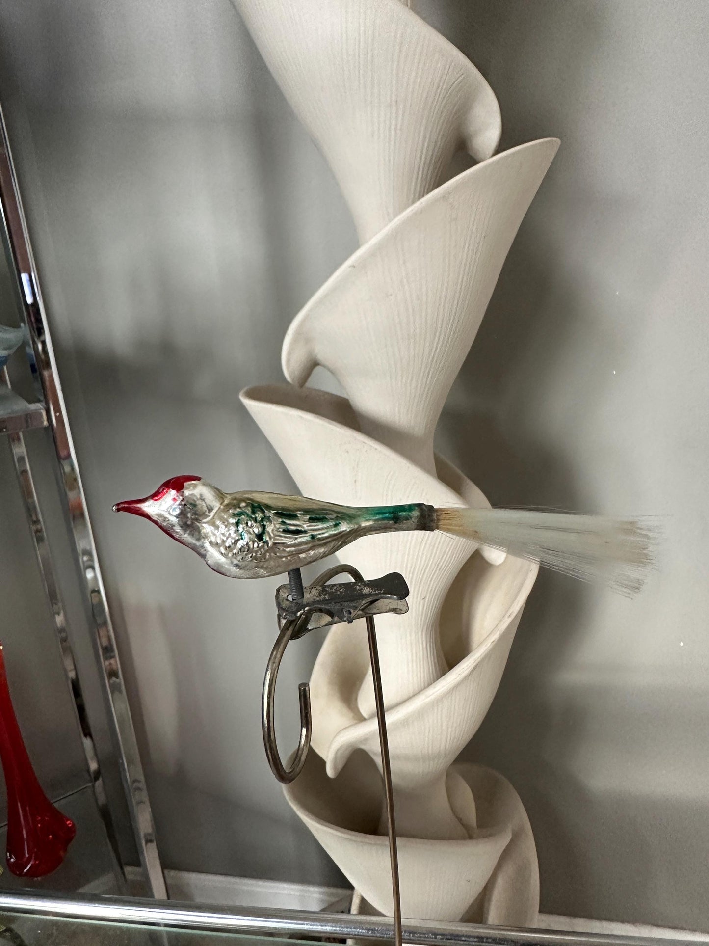 Vintage Mercury Glass Bird Ornament: Silver, Magenta, and Blue, made in 1950s