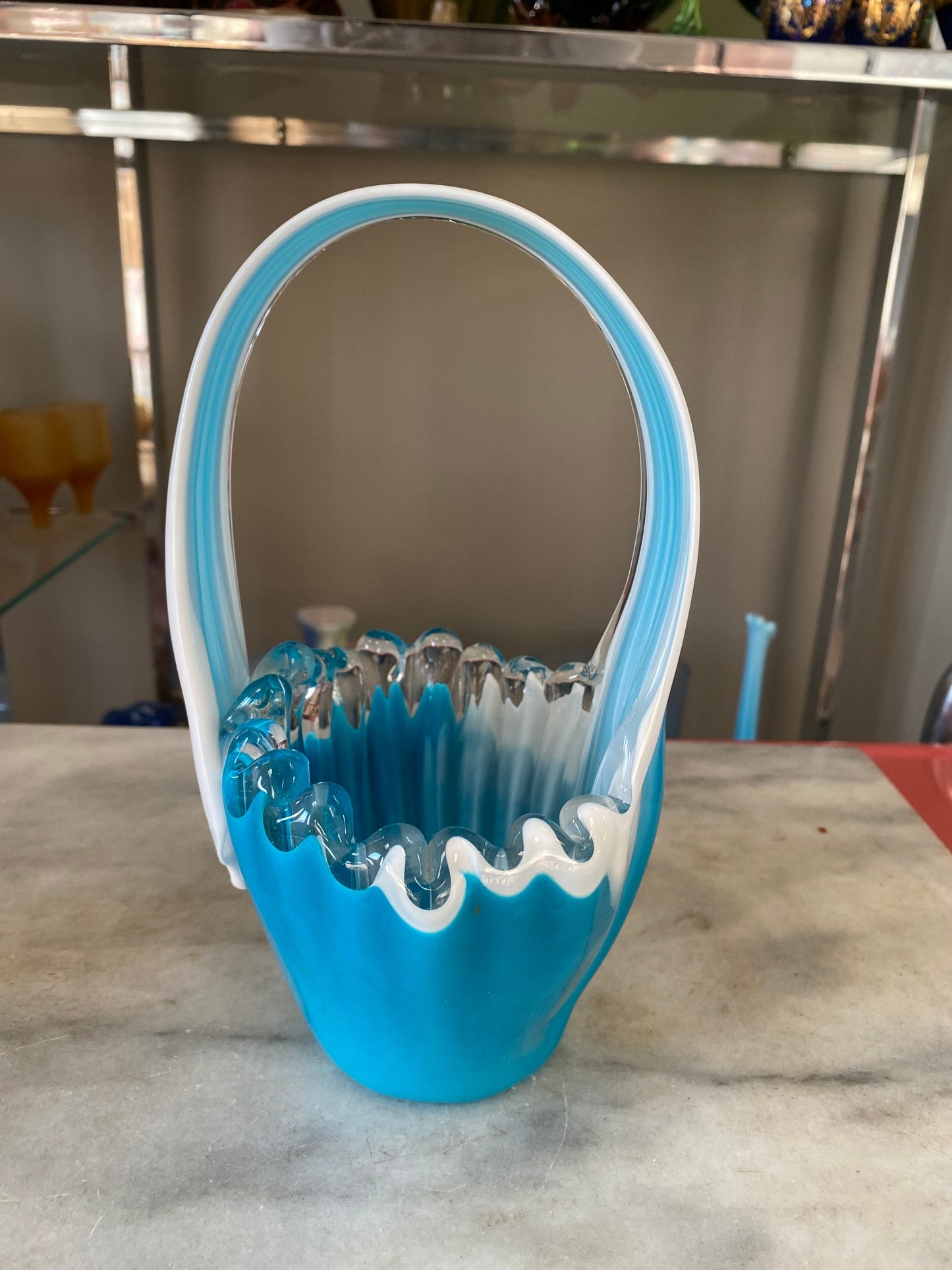 Vintage Art Glass Basket: Blue & White MCM Stretch Vase