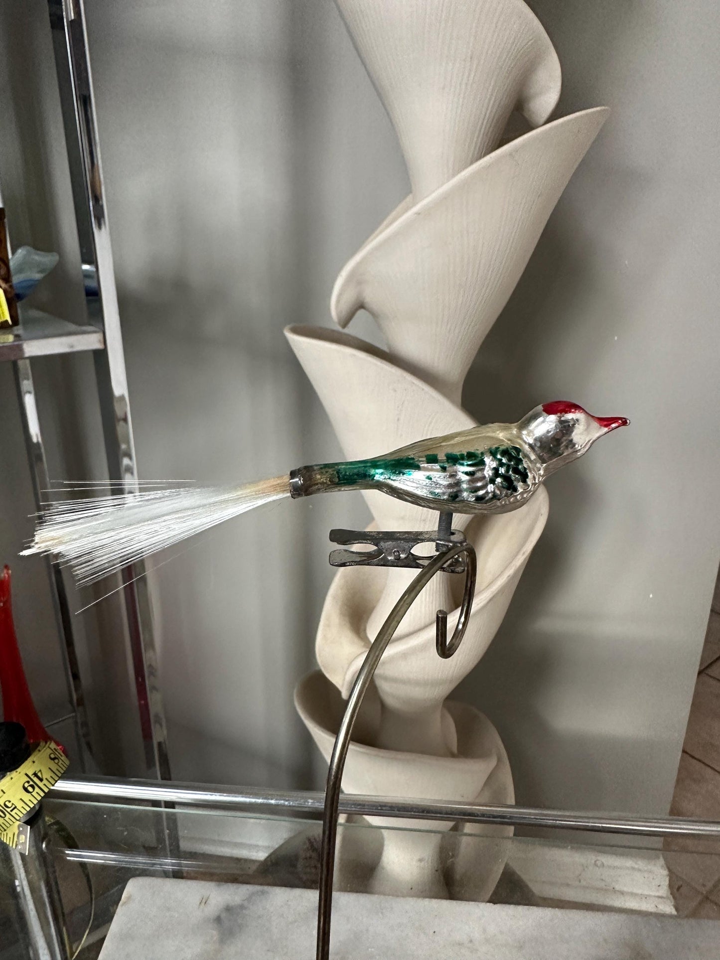 Vintage Mercury Glass Bird Ornament: Silver, Magenta, and Blue, made in 1950s