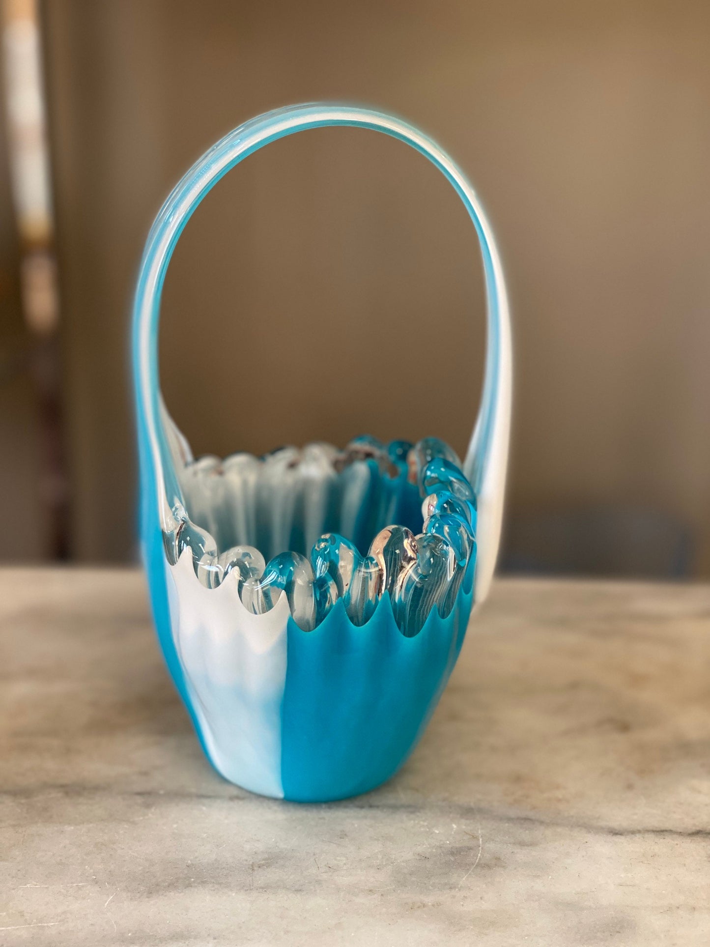 Vintage Art Glass Basket: Blue & White MCM Stretch Vase