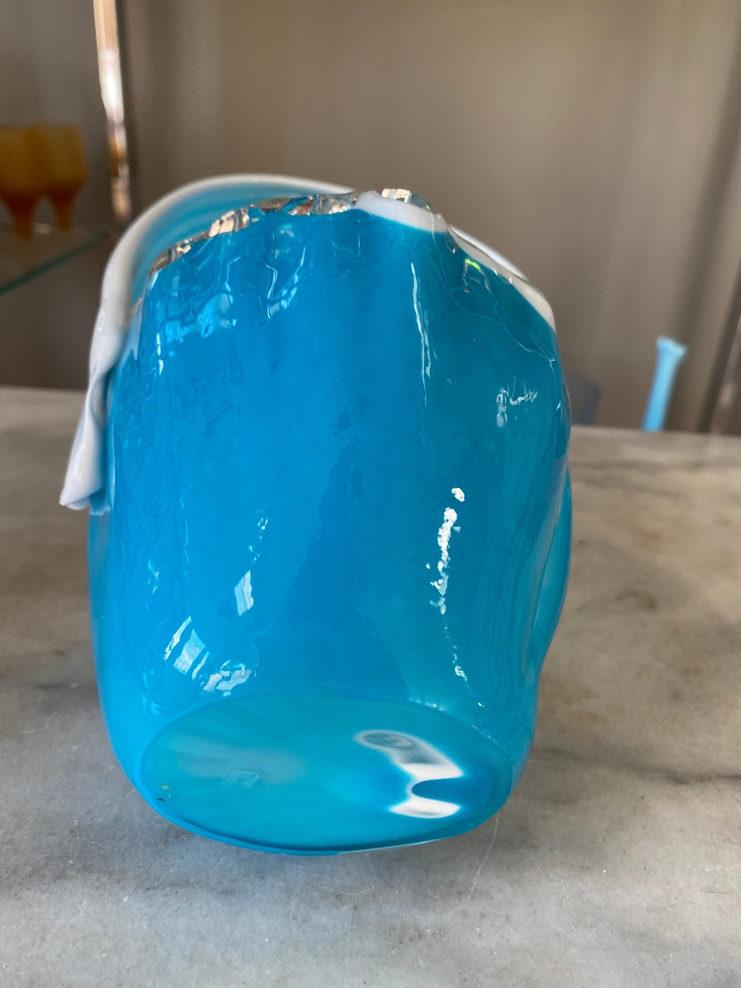 Vintage Art Glass Basket: Blue & White MCM Stretch Vase