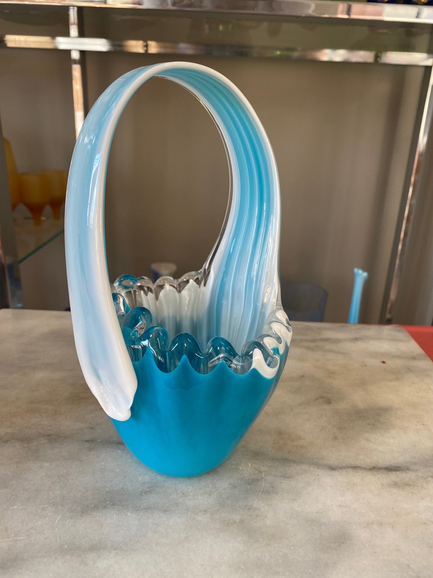 Vintage Art Glass Basket: Blue & White MCM Stretch Vase