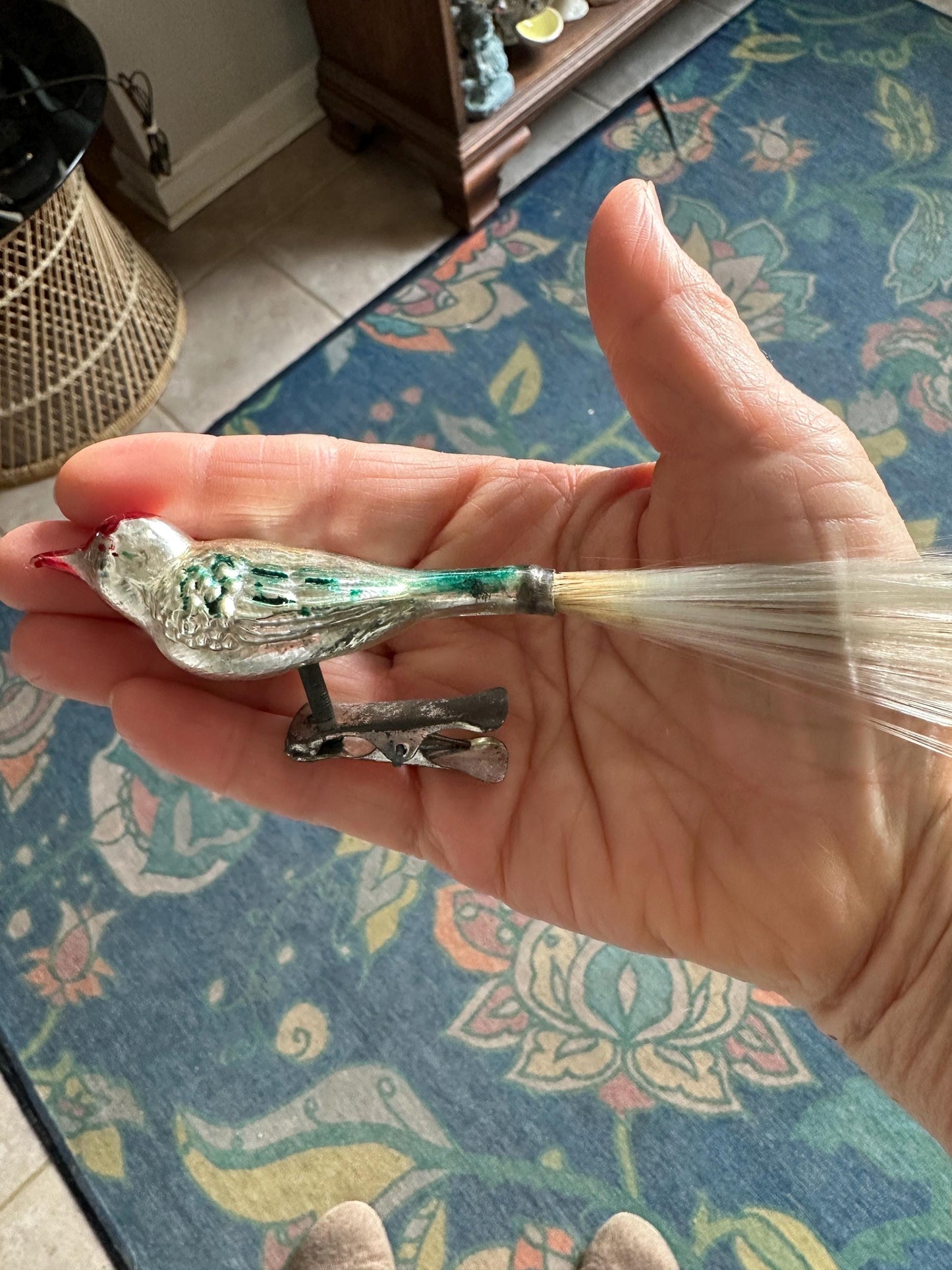 Vintage Mercury Glass Bird Ornament: Silver, Magenta, and Blue, made in 1950s