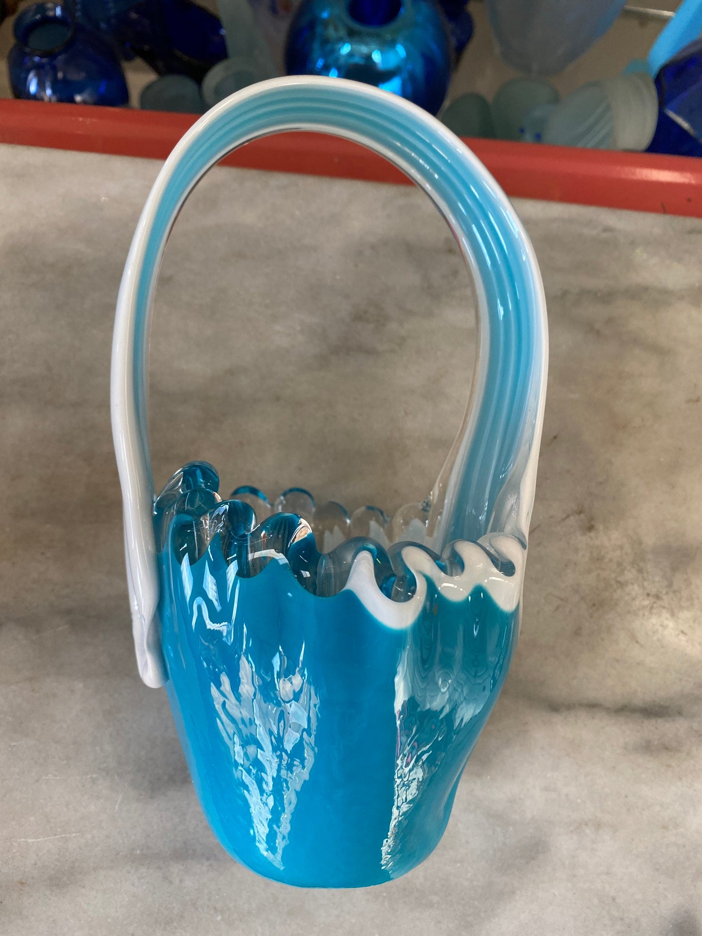 Vintage Art Glass Basket: Blue & White MCM Stretch Vase