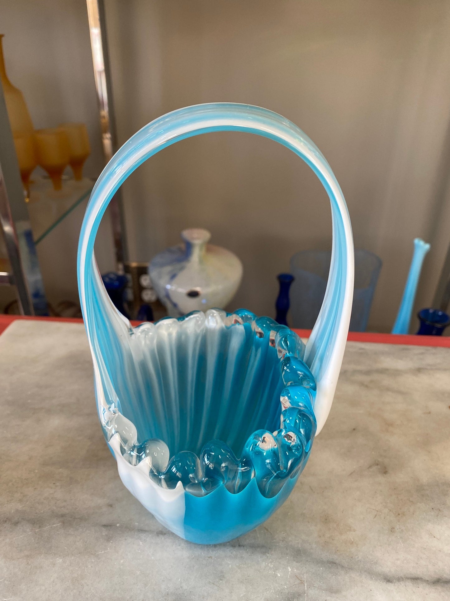 Vintage Art Glass Basket: Blue & White MCM Stretch Vase