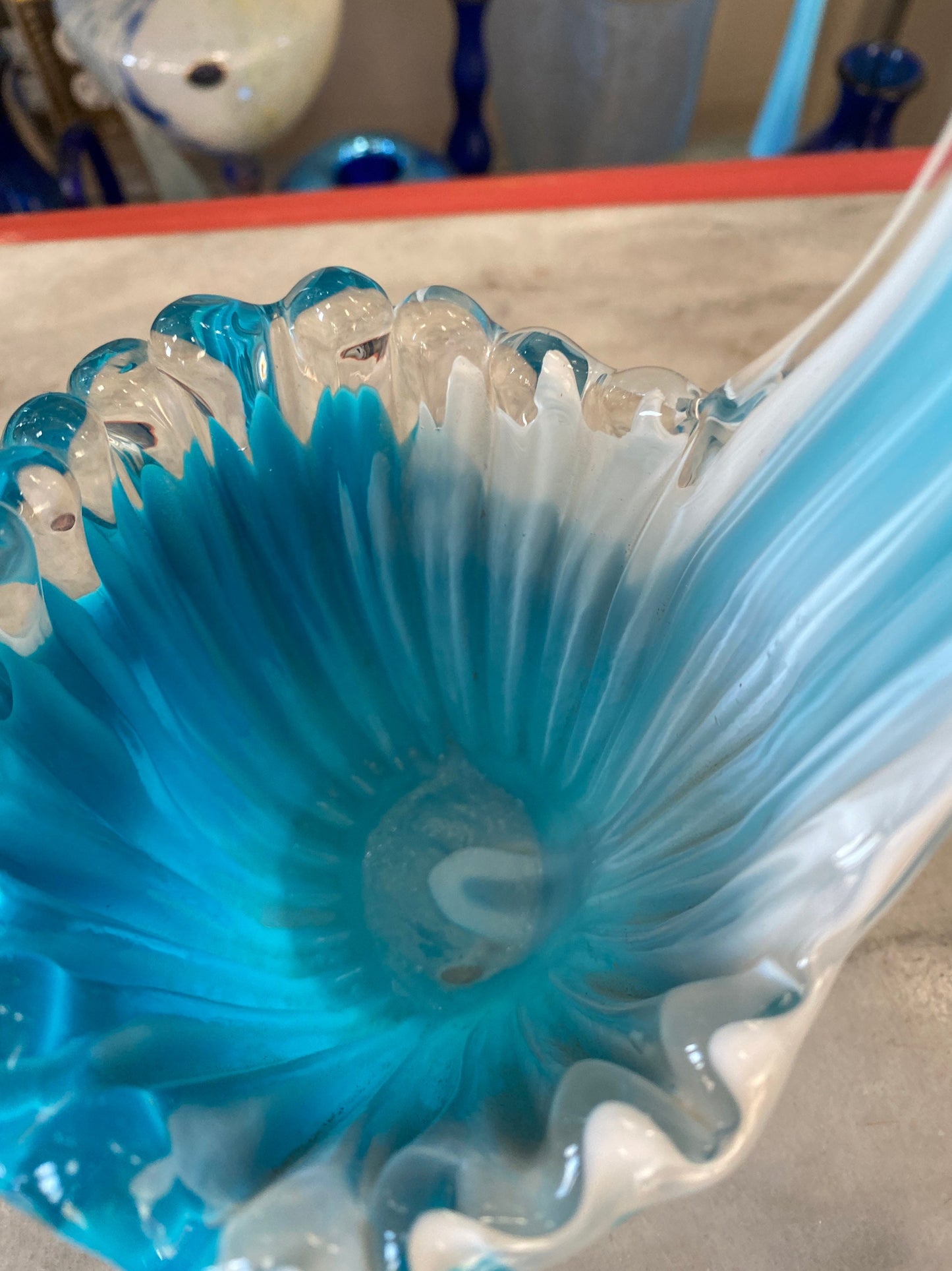 Vintage Art Glass Basket: Blue & White MCM Stretch Vase