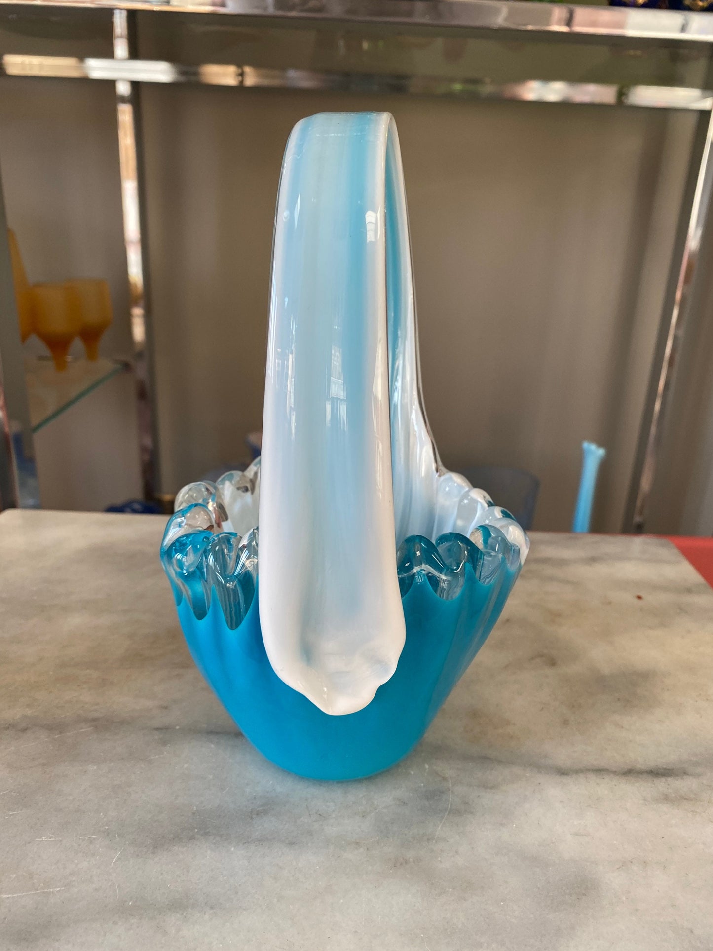 Vintage Art Glass Basket: Blue & White MCM Stretch Vase