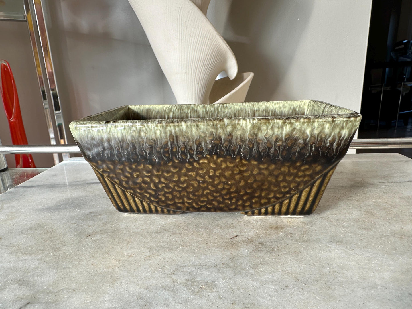 Vintage Brush Olive Brown White Drip Planter 75 | USA Pottery | Succulent Planter