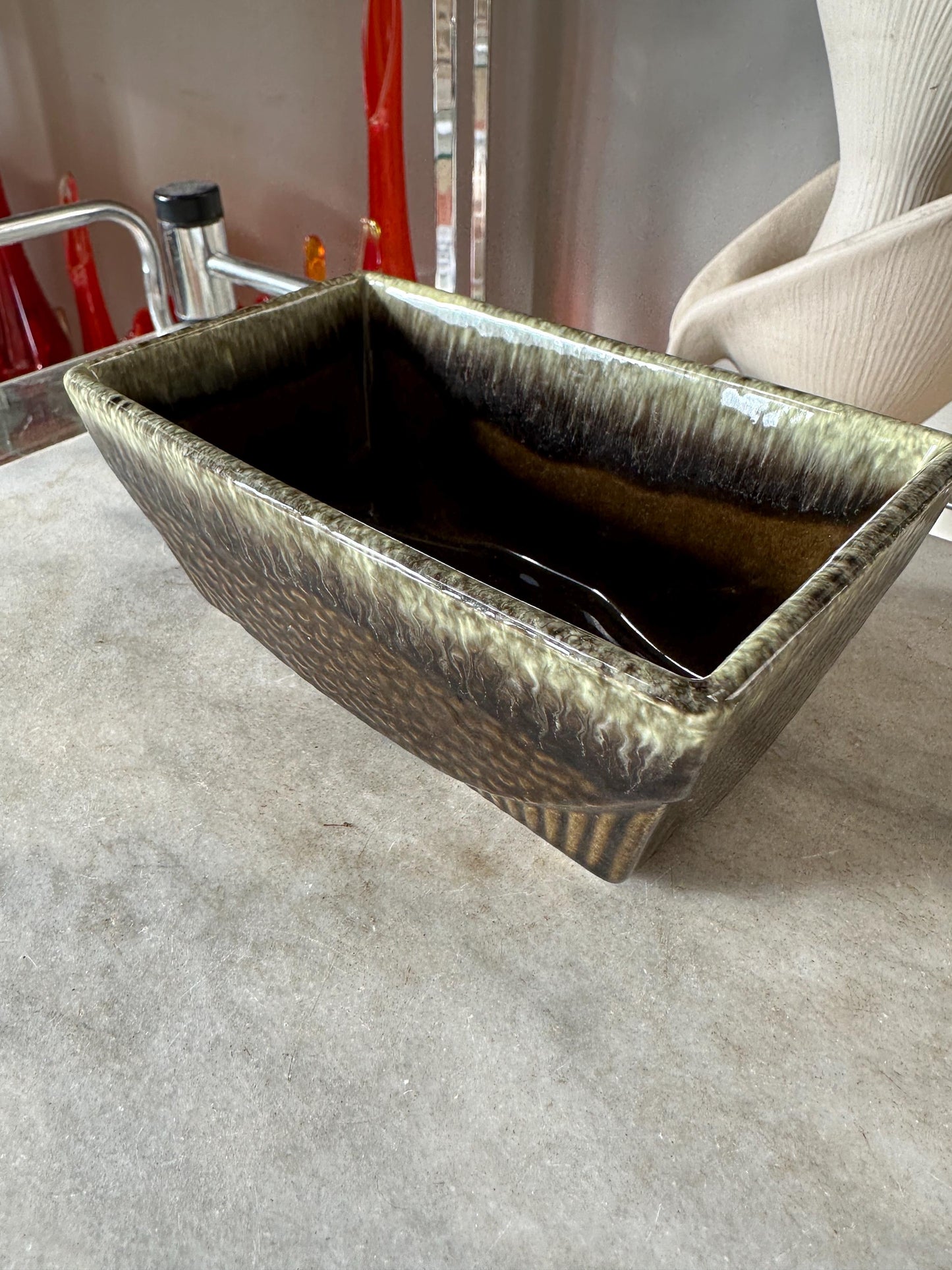 Vintage Brush Olive Brown White Drip Planter 75 | USA Pottery | Succulent Planter