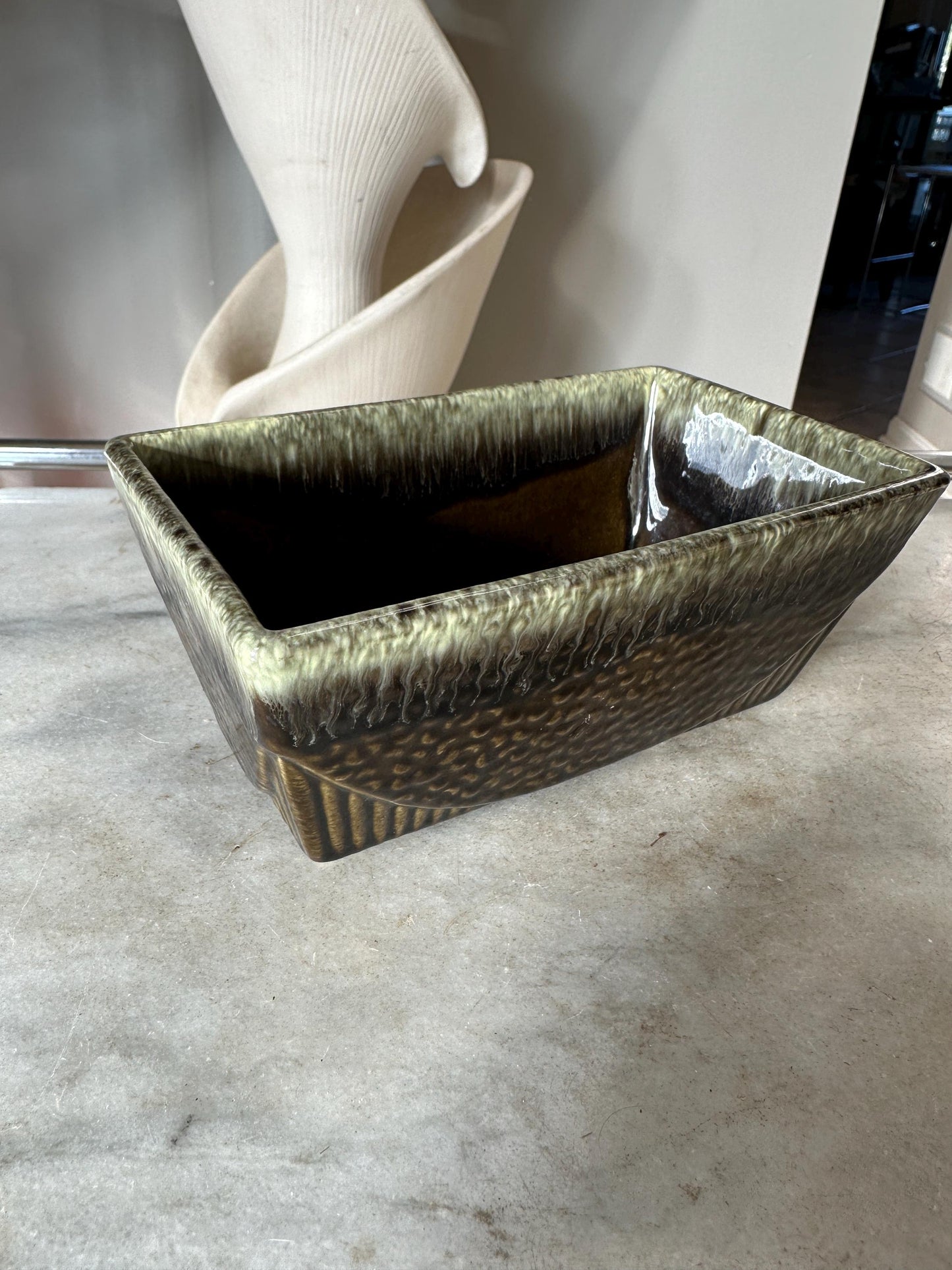 Vintage Brush Olive Brown White Drip Planter 75 | USA Pottery | Succulent Planter