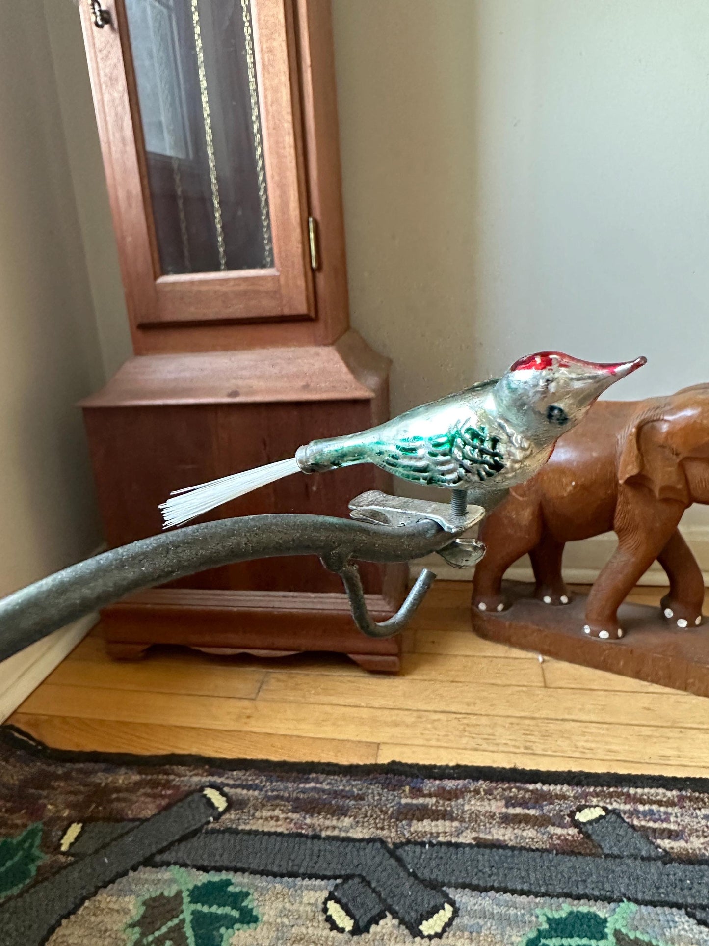 Vintage Mercury Glass Bird Ornament: Silver, Magenta, and Green, made in 1950s