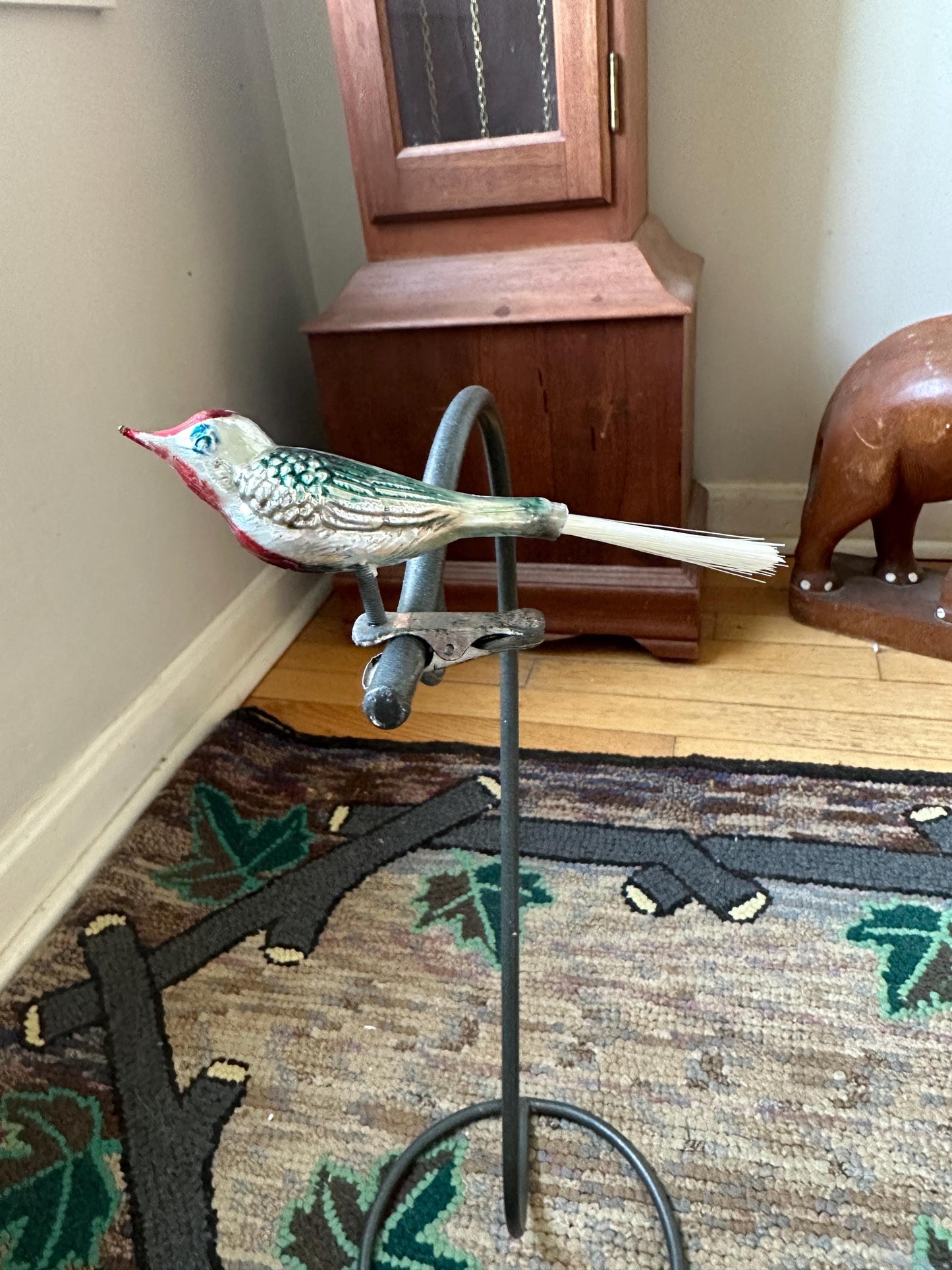Vintage Mercury Glass Bird Ornament: Silver, Magenta, and Green, made in 1950s