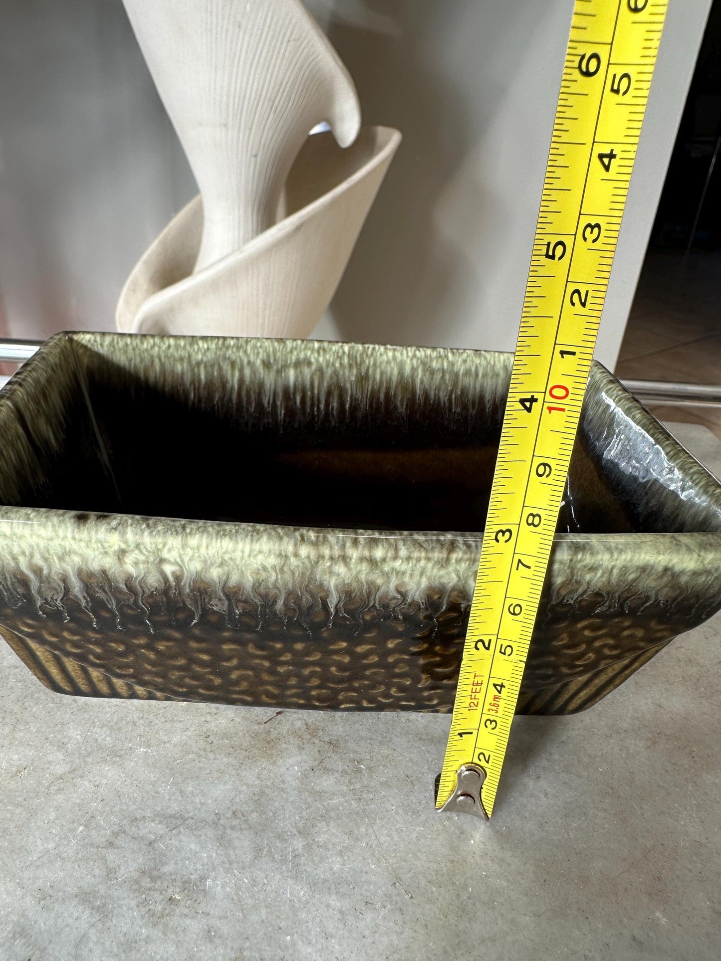 Vintage Brush Olive Brown White Drip Planter 75 | USA Pottery | Succulent Planter