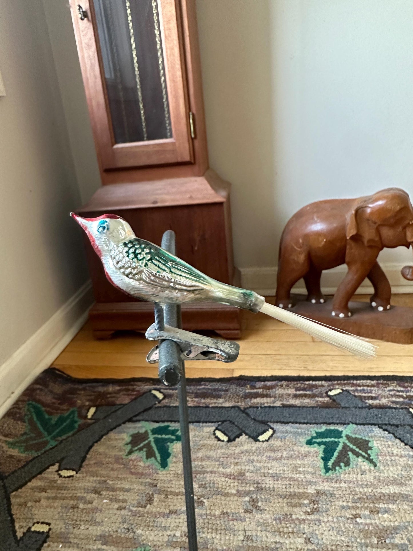 Vintage Mercury Glass Bird Ornament: Silver, Magenta, and Green, made in 1950s