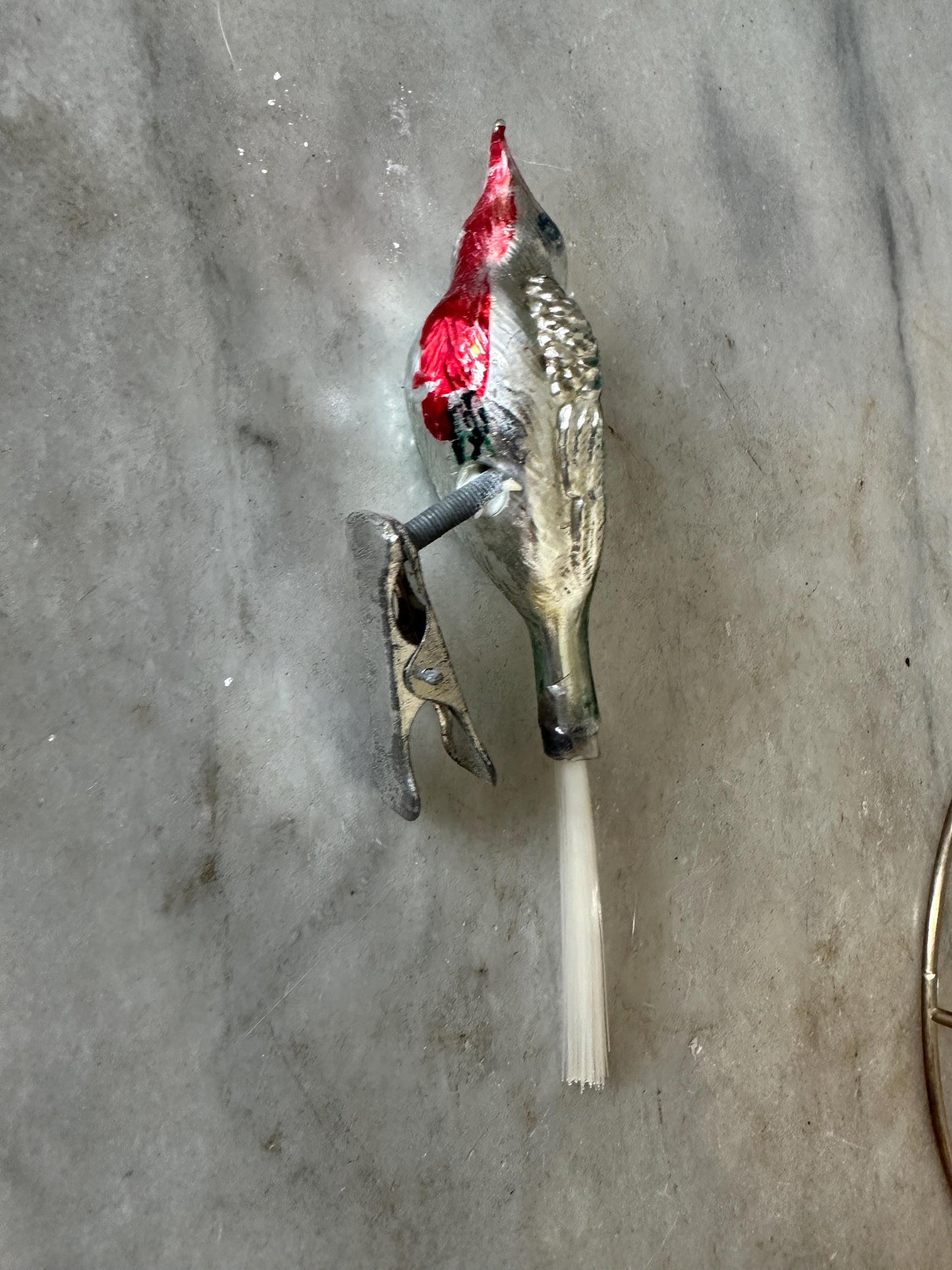 Vintage Mercury Glass Bird Ornament: Silver, Magenta, and Green, made in 1950s