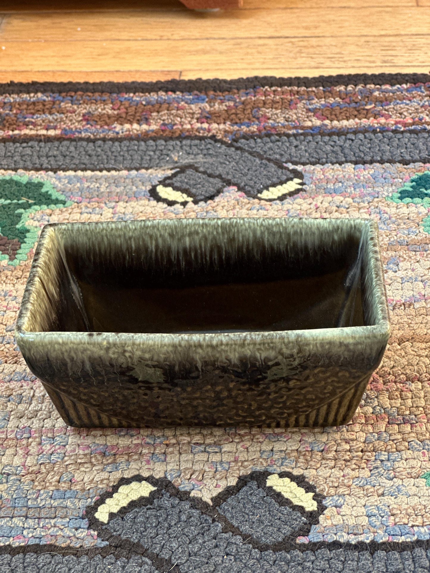 Vintage Brush Olive Brown White Drip Planter 75 | USA Pottery | Succulent Planter