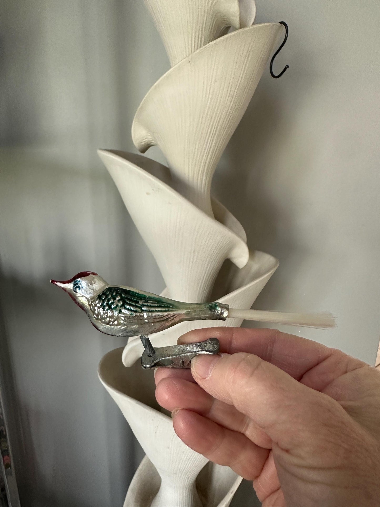 Vintage Mercury Glass Bird Ornament: Silver, Magenta, and Green, made in 1950s