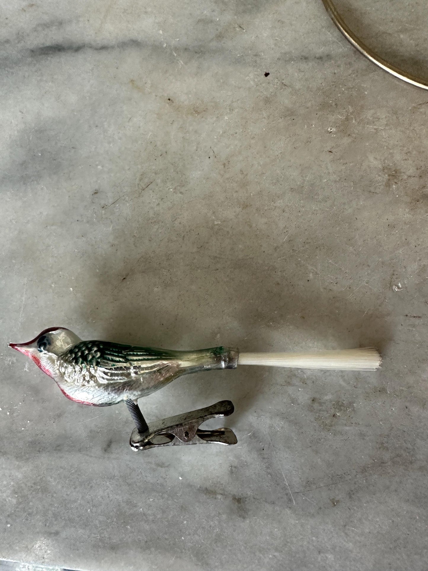 Vintage Mercury Glass Bird Ornament: Silver, Magenta, and Green, made in 1950s