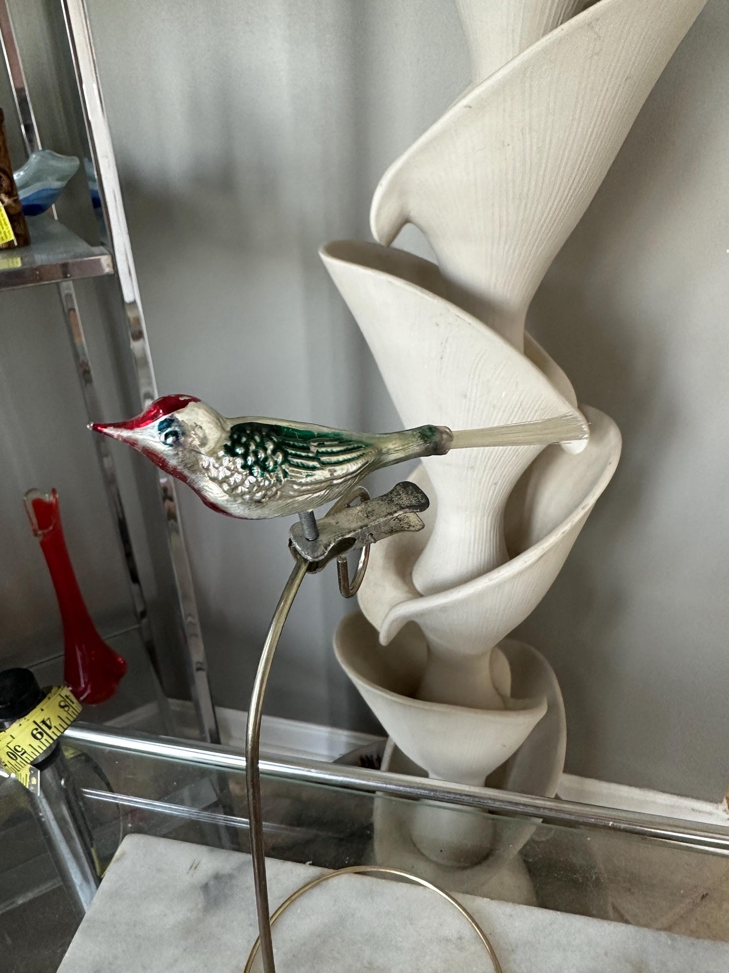 Vintage Mercury Glass Bird Ornament: Silver, Magenta, and Green, made in 1950s