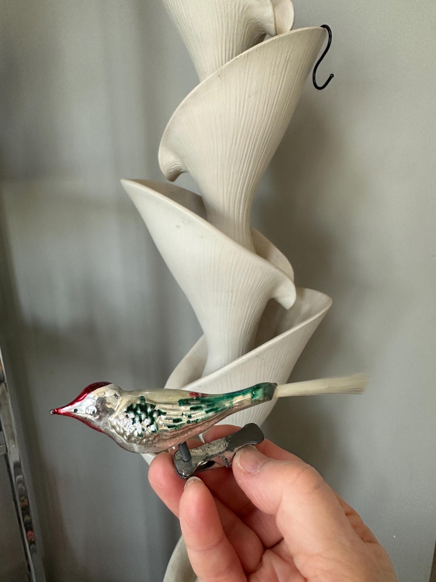 Vintage Mercury Glass Bird Ornament: Silver, Magenta, and Green, made in 1950s