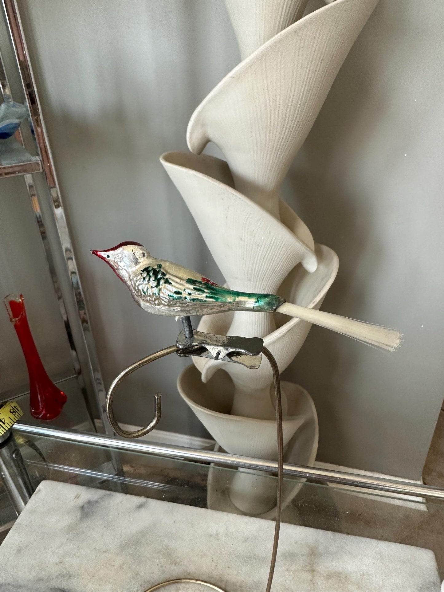 Vintage Mercury Glass Bird Ornament: Silver, Magenta, and Green, made in 1950s