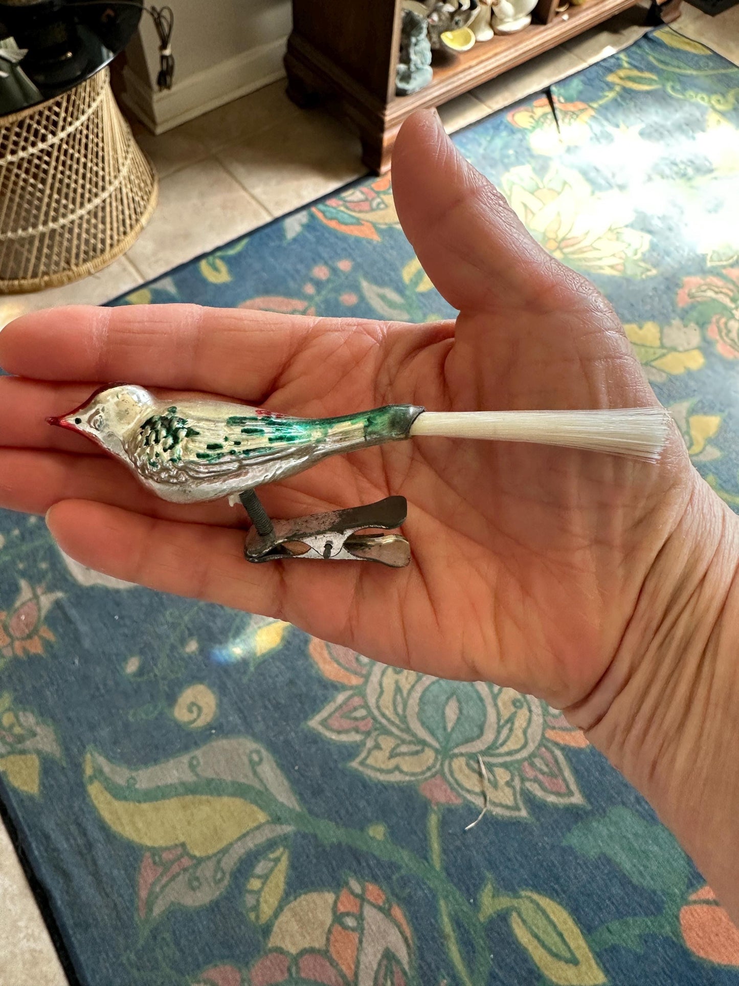Vintage Mercury Glass Bird Ornament: Silver, Magenta, and Green, made in 1950s