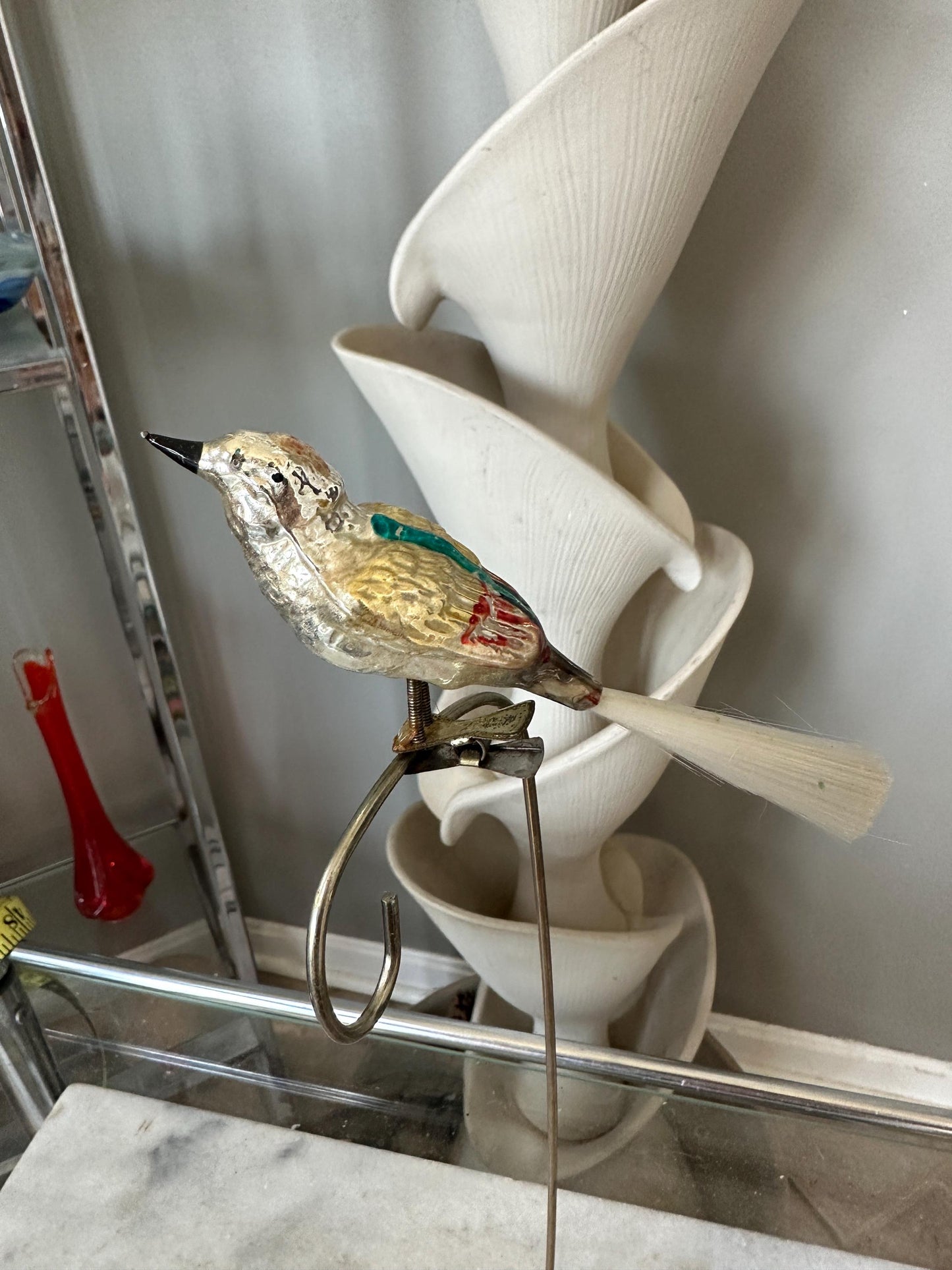 Vintage Mercury Glass Bird Ornament: Silver, Magenta, and Green, made in 1950s