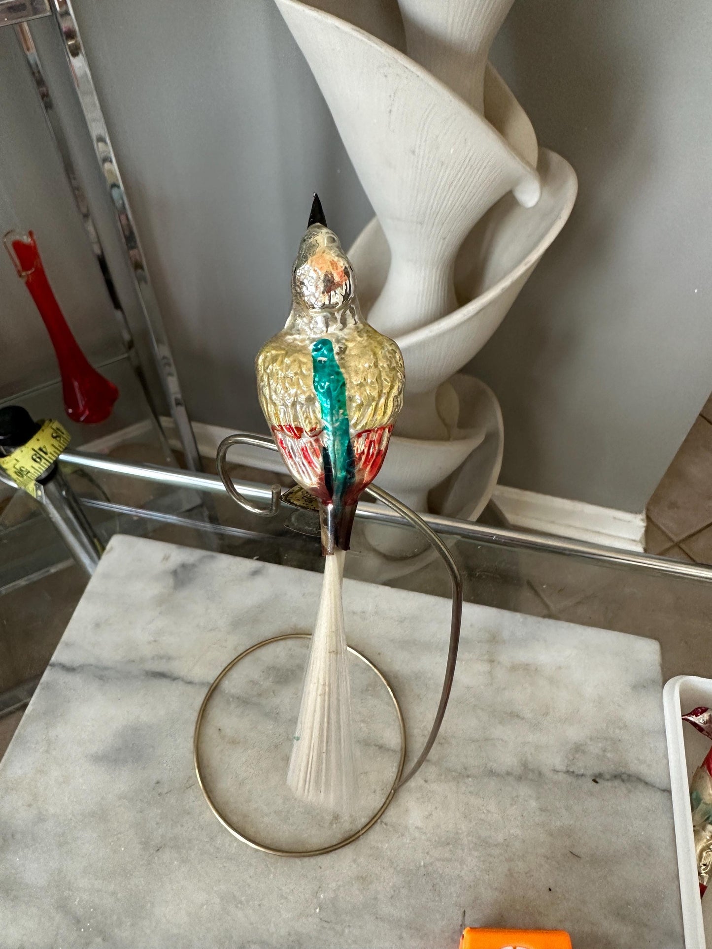 Vintage Mercury Glass Bird Ornament, Silver, Magenta, and Blue, 1950s