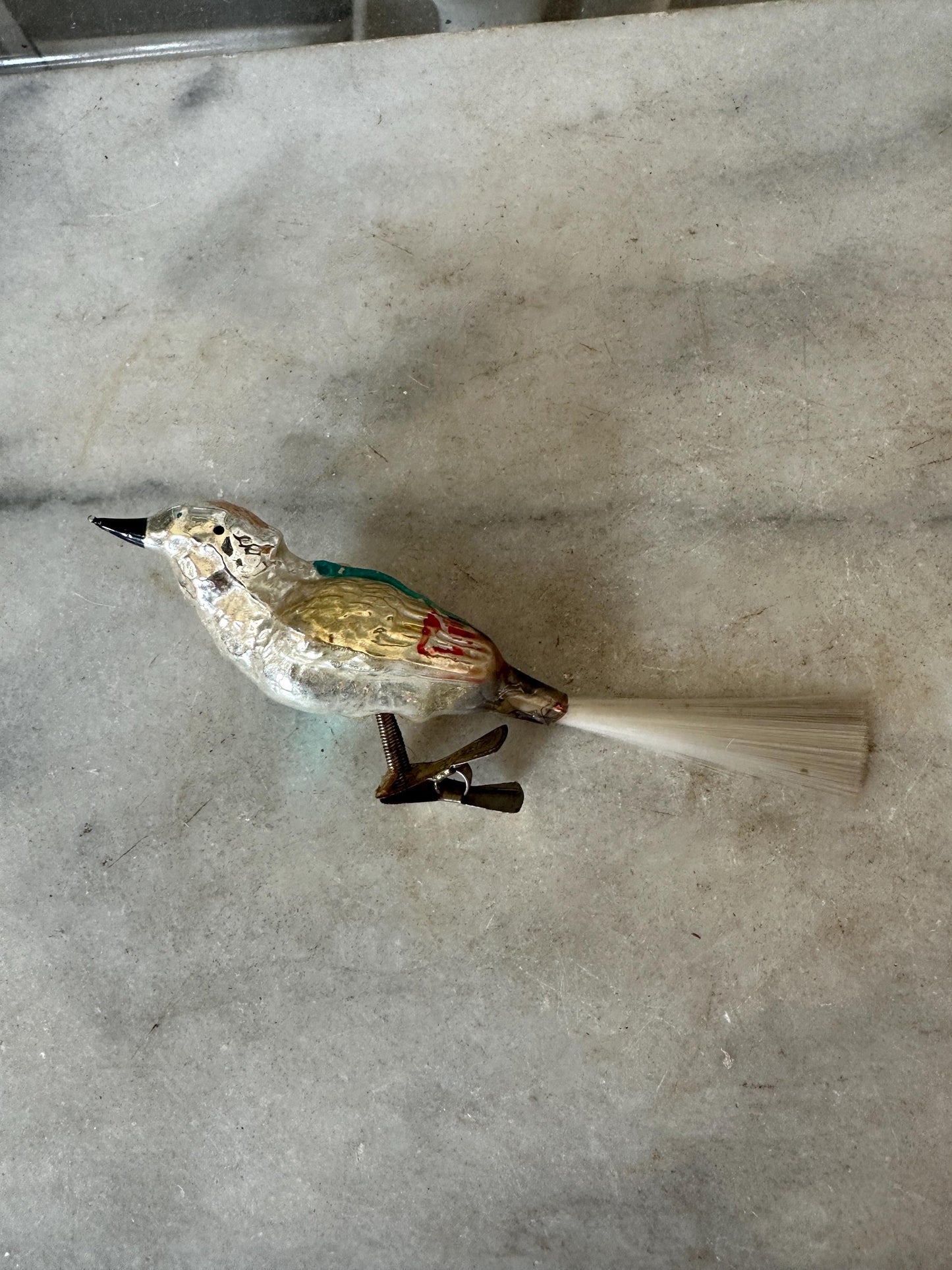 Vintage Mercury Glass Bird Ornament, Silver, Magenta, and Blue, 1950s