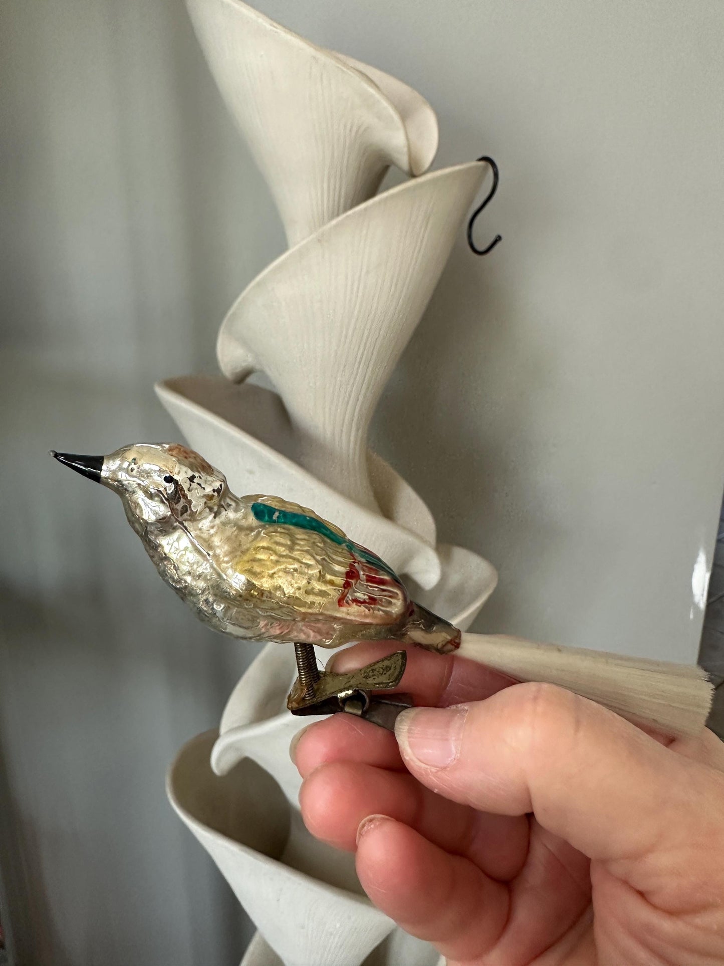 Vintage Mercury Glass Bird Ornament, Silver, Magenta, and Blue, 1950s