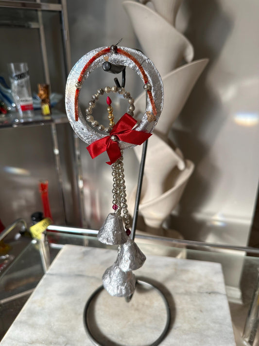 Vintage Christmas Tree Ornament Decoration, Foil Wreath Bell Glass Bead Garland, Xmas Kitsch