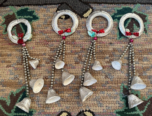 Vintage Christmas Tree Ornament Decorations (4) Foil Wreath Bell Glass Bead Garland, Set of 4
