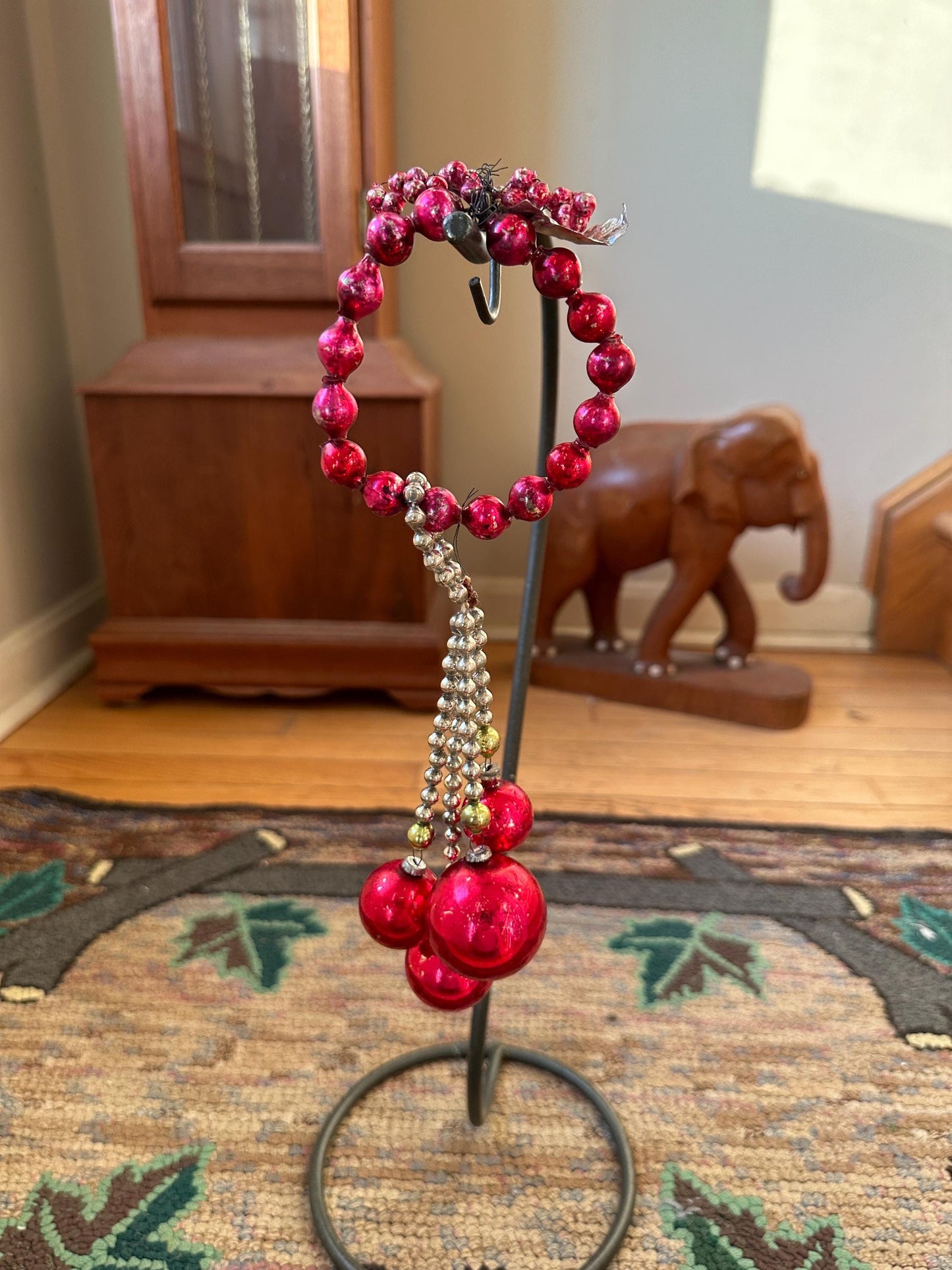 Vintage Mercury Glass Ornament, Red Silver Christmas Swag, 1950s Display