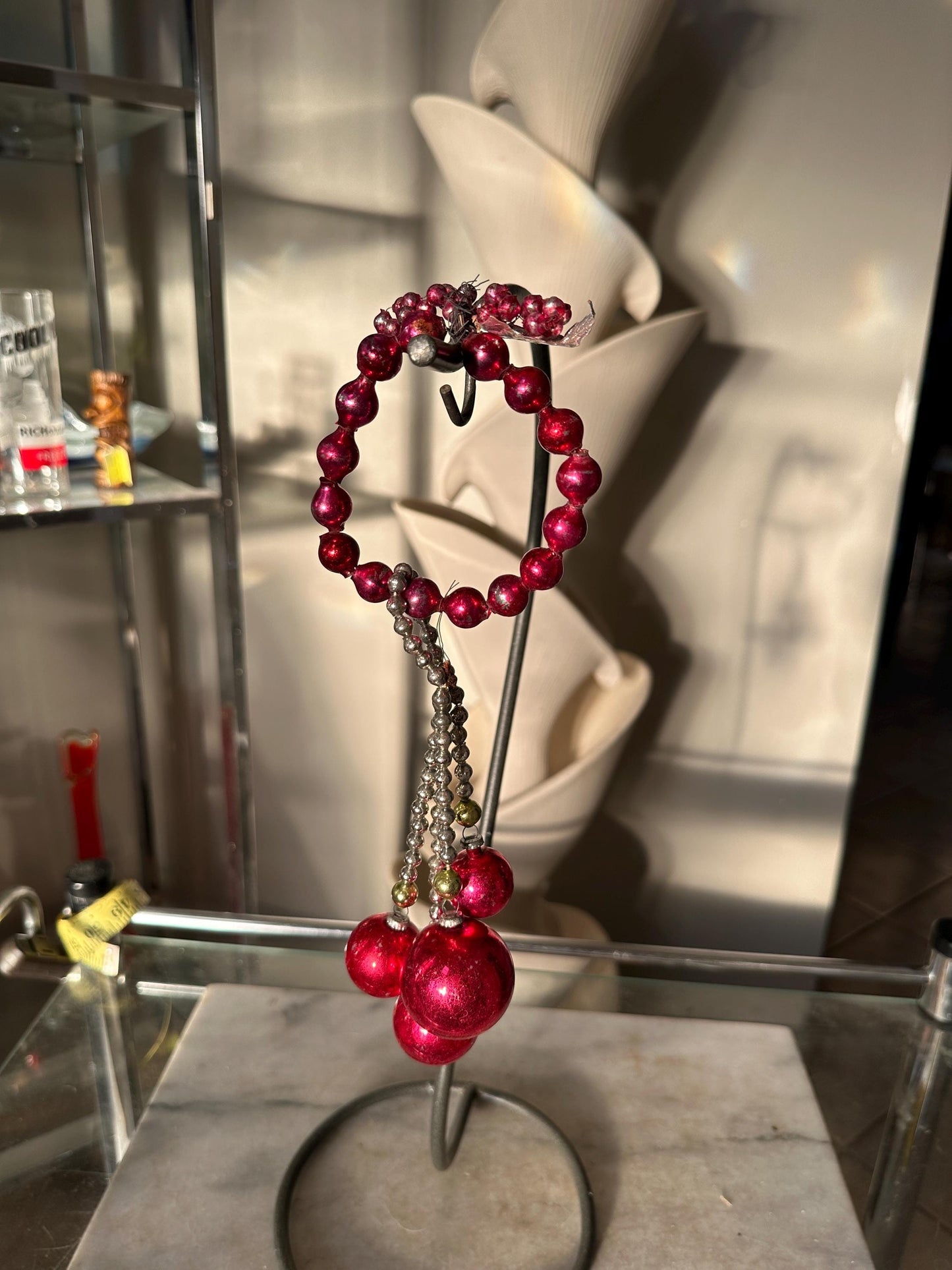 Vintage Mercury Glass Ornament, Red Silver Christmas Swag, 1950s Display