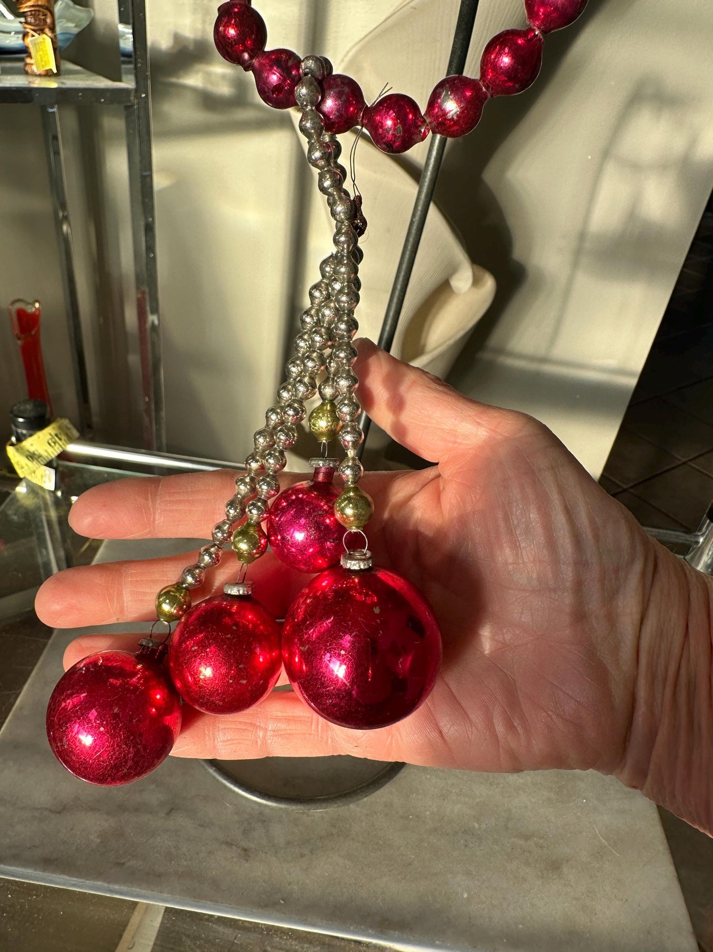 Vintage Mercury Glass Ornament, Red Silver Christmas Swag, 1950s Display