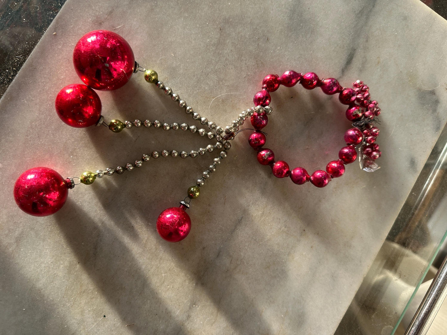 Vintage Mercury Glass Ornament, Red Silver Christmas Swag, 1950s Display