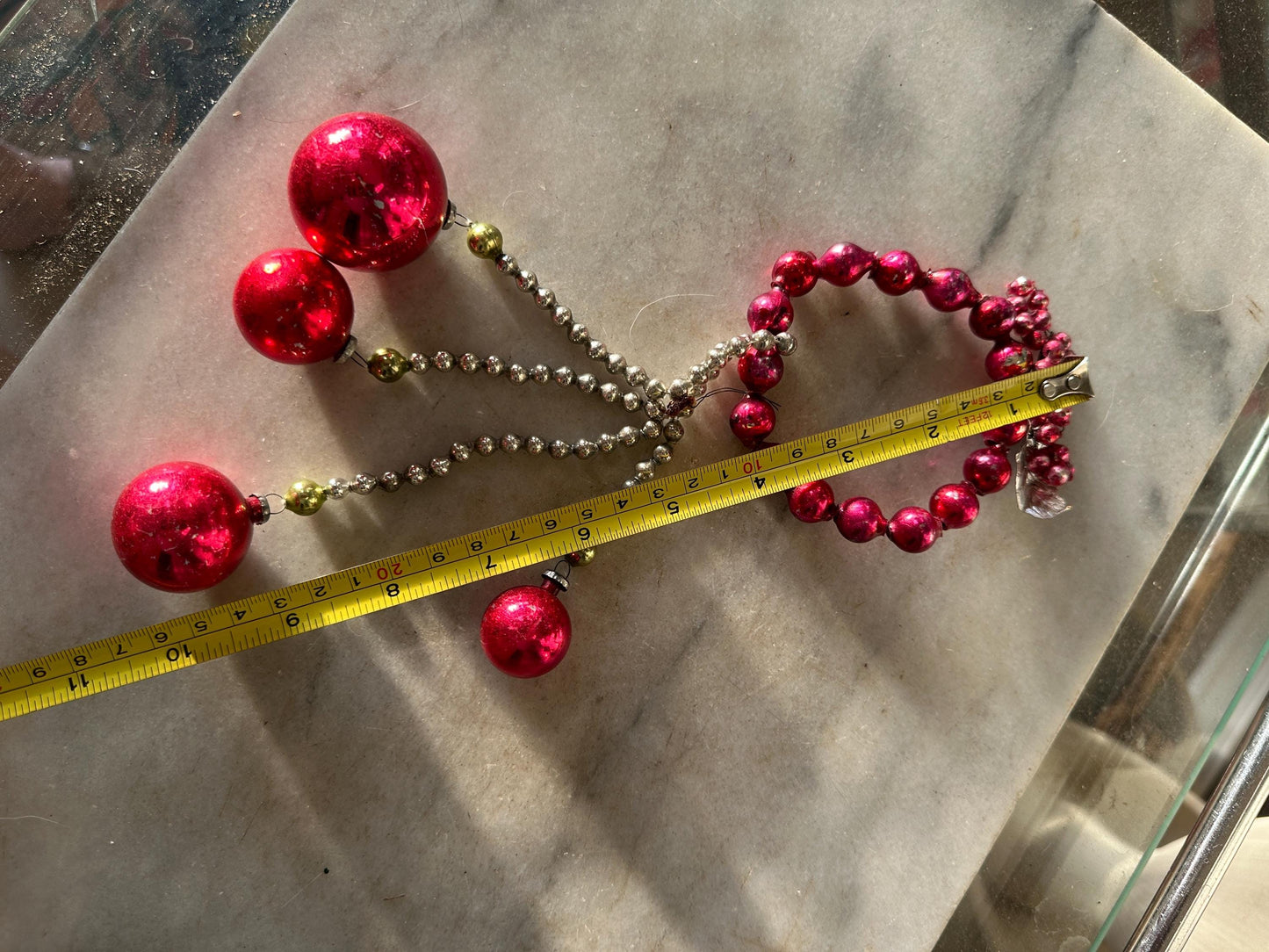 Vintage Mercury Glass Ornament, Red Silver Christmas Swag, 1950s Display