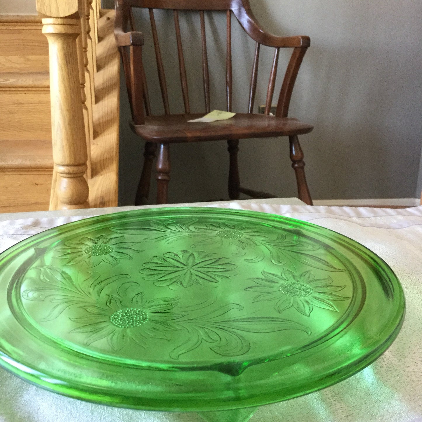 Jeannette Glass Green Deprssion Glass Cake Plate Sunflowers (plus 2 bonus dessert plates)