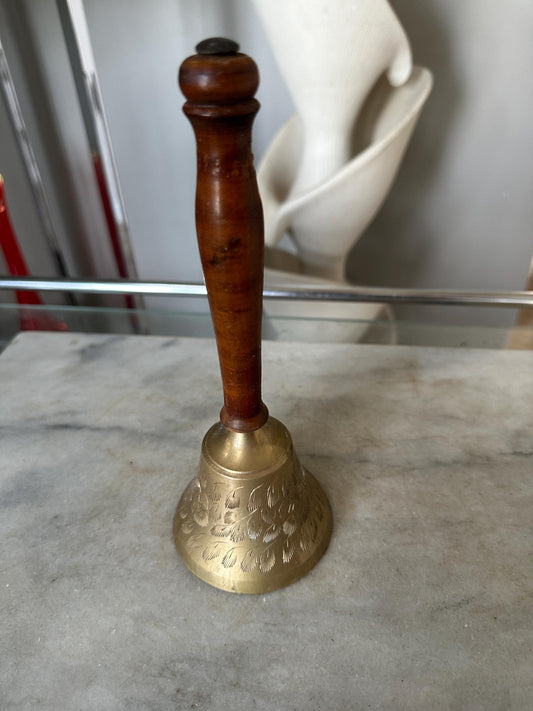Vintage Etched Brass Bell with Wooden Handle, Brass School Bell, Dinner Lunch Bell, Brass Office Desk Decor, Rustic Brass Decorative Bell