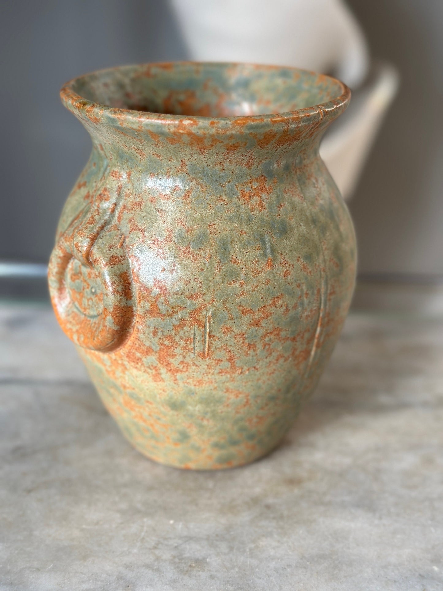 Burley Winter 1930s Vintage Art Pottery Mottled Green and Orange | Ceramic Vase 53