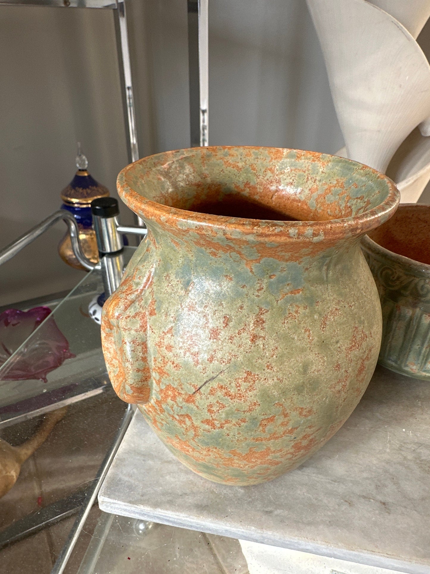 Burley Winter 1930s Vintage Art Pottery Mottled Green and Orange | Ceramic Vase 53