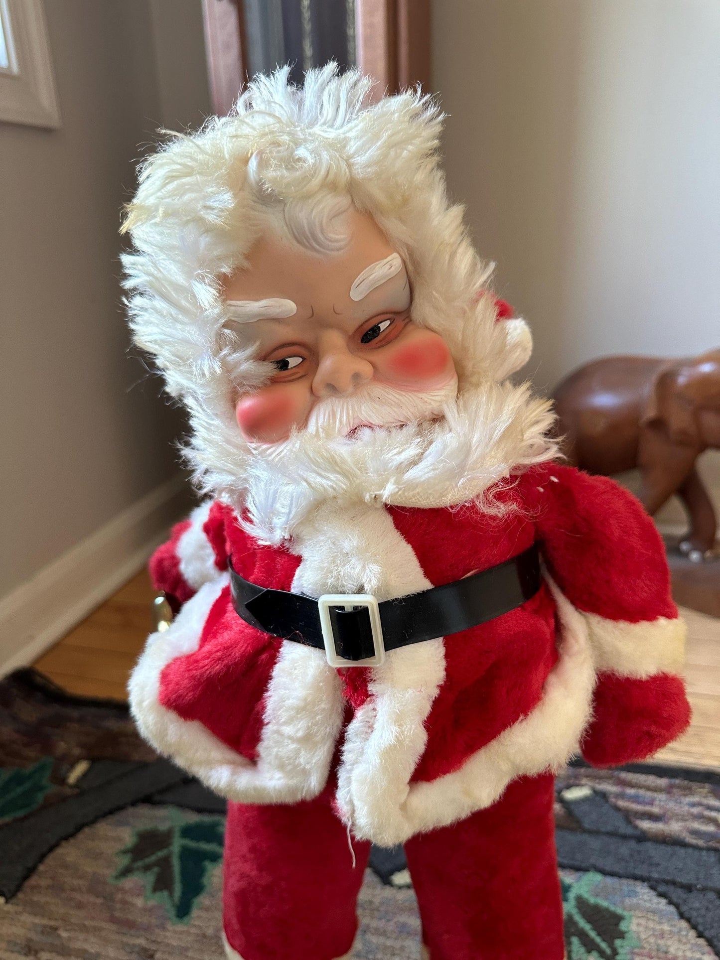 Vintage Rushton Style Santa Doll: MCM Rubber Face, Long Legs, 21”