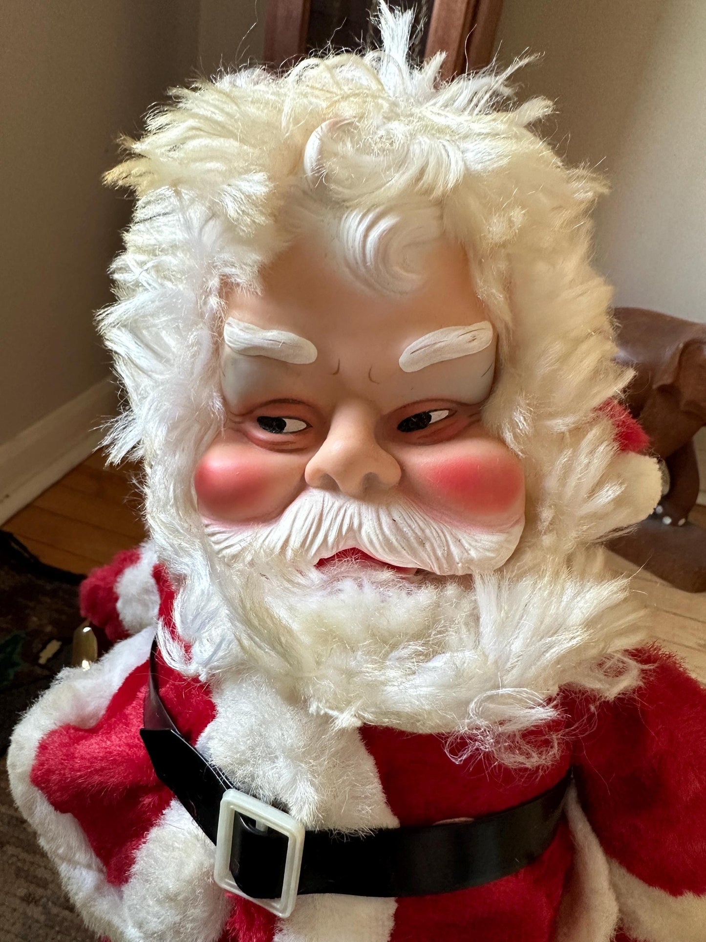 Vintage Rushton Style Santa Doll: MCM Rubber Face, Long Legs, 21”