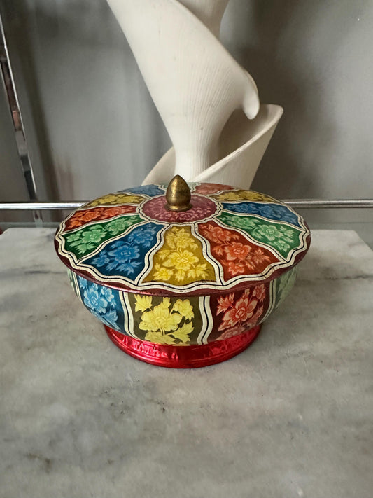 Vintage Decorative Tin Bowl with lid | Colorful Tin Litho Candy Container | Tin Catch All or Trinket Bowl